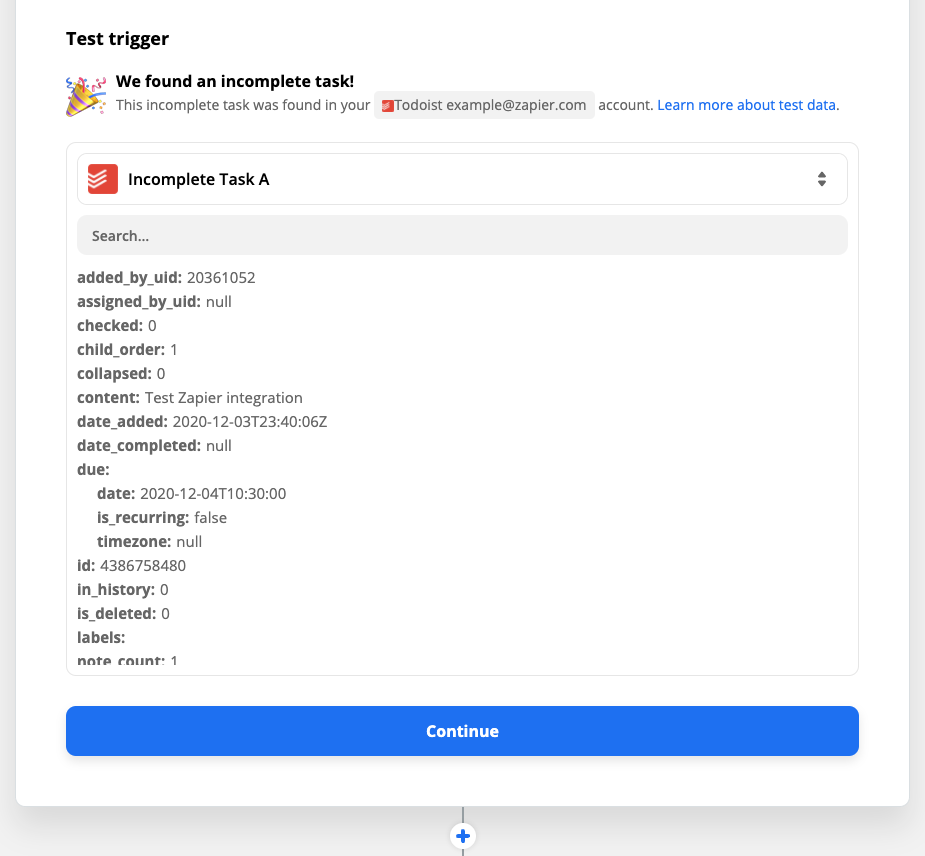 Sample data as it appears in Zapier after being pulled from Todoist. The "content" field reads "Test Zapier integration" 