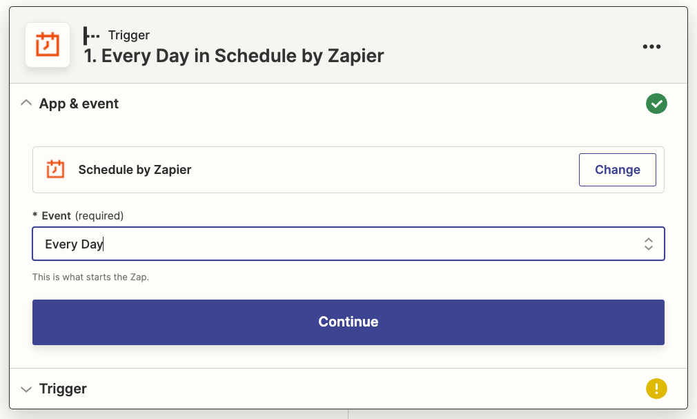 Schedule by Zapier has been selected with Every Day selected in the Event field.