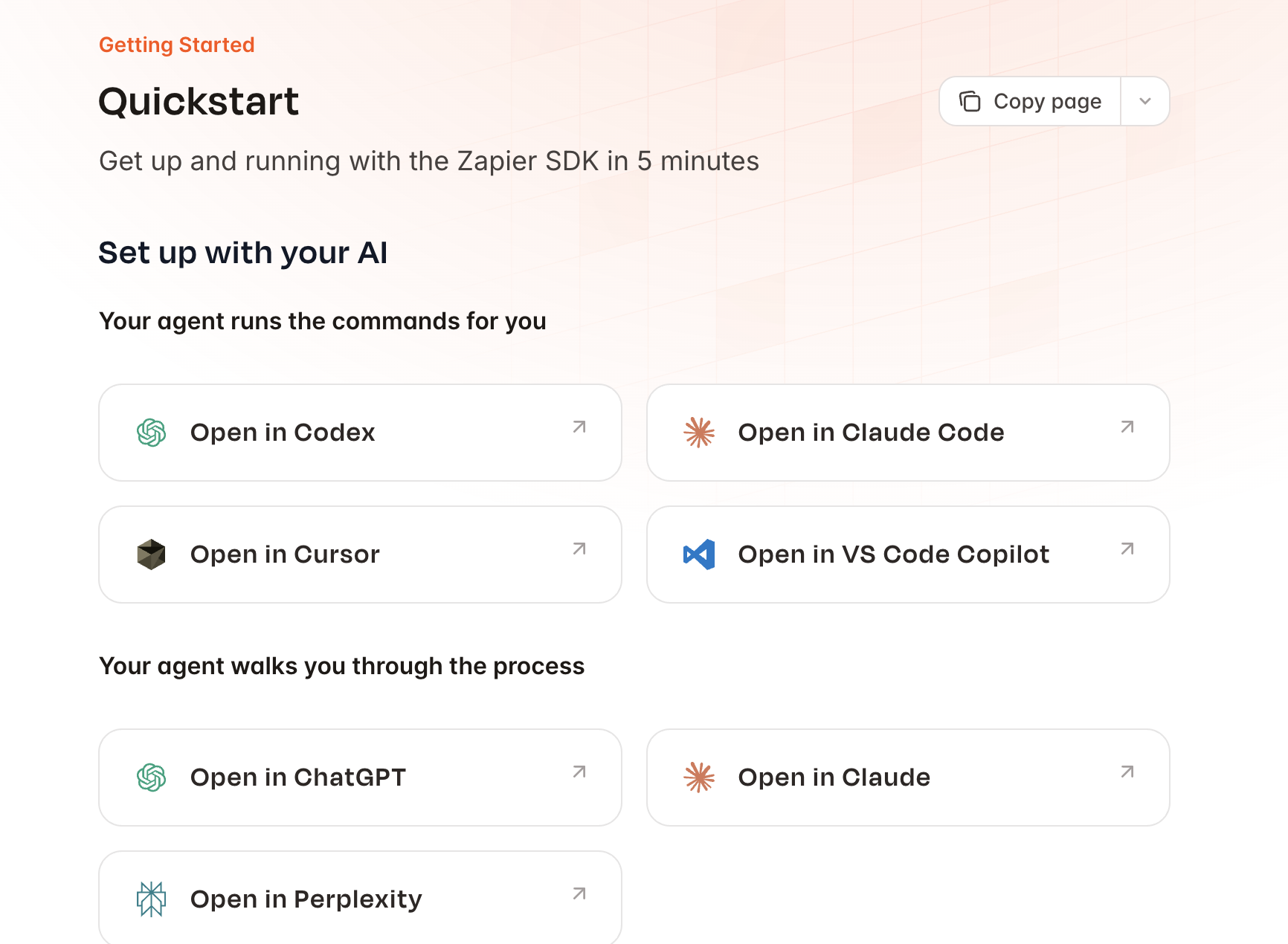 The quickstart guide for Zapier SDK, with one-click installs