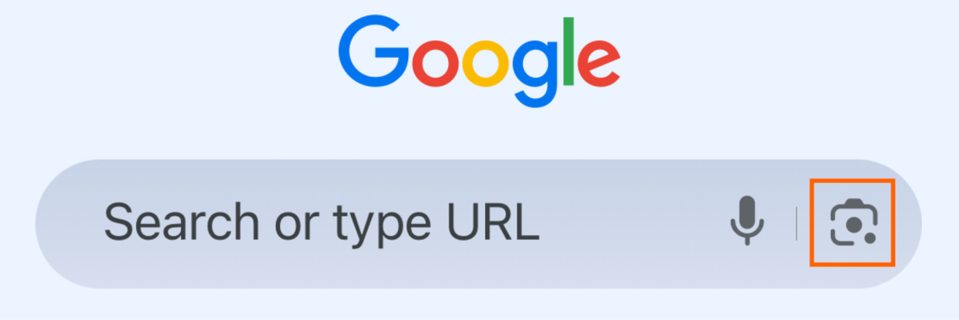 Google homepage search bar with the Google Lens icon highlighted.