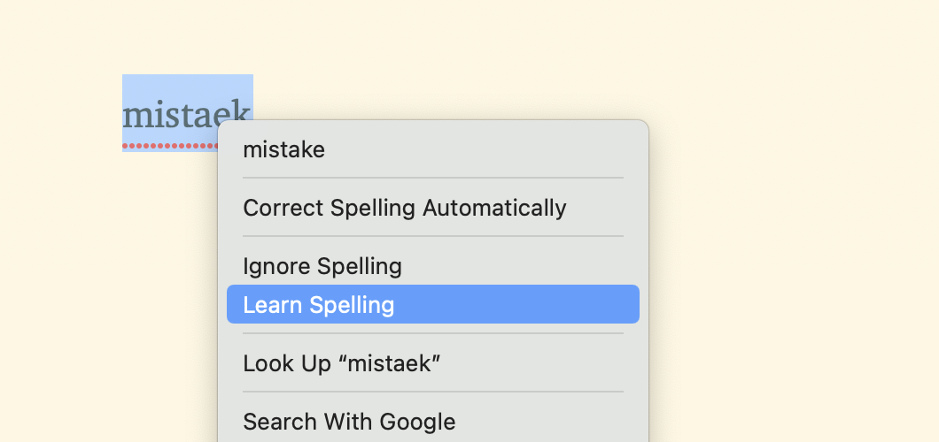 Clicking Learn Spelling on a Mac