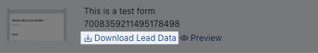 A screenshot from the TikTok list of forms showing an image of the form, its title, and ID number. The text reading "Download Lead Data" is highlighted.