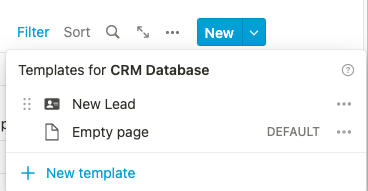 Selecting new lead template in Notion CRM
