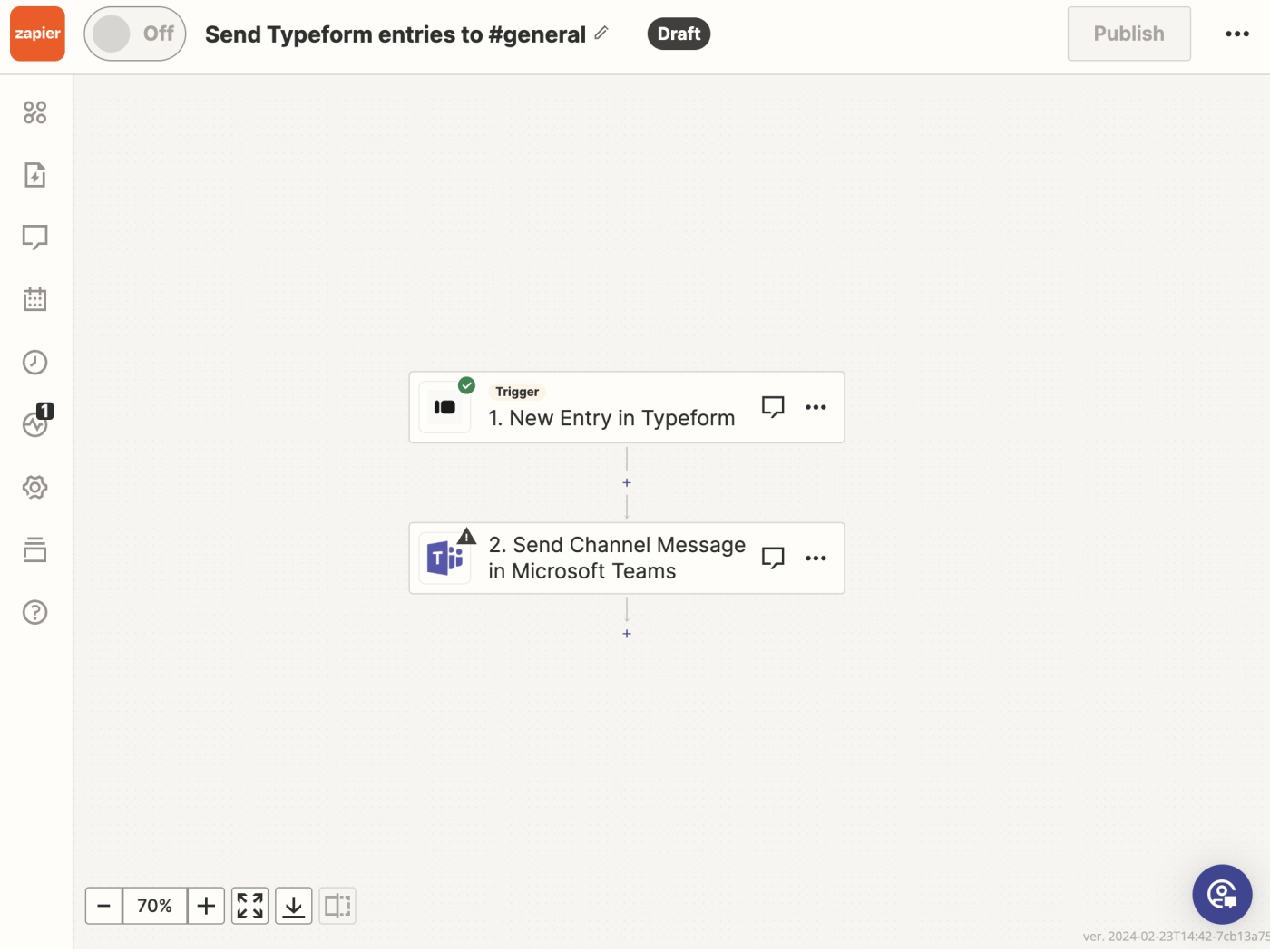 A screenshot of a Zap integrating Typeform with Microsoft Teams in the Zapier workflow editor.