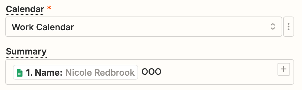 A GIF illustrating how to add text and map fields from Google Sheets in Zapier. Fields from your spreadsheet appear in a dropdown menu so that you can choose which ones to feature as you set up your calendar event. 