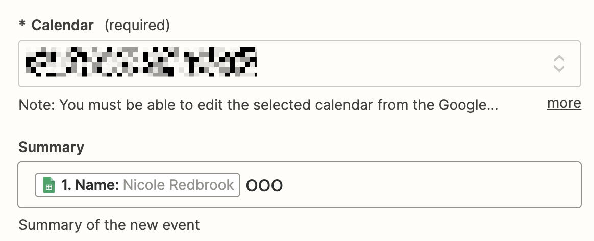 A GIF illustrating how to add text and map fields from Google Sheets in Zapier. Fields from your spreadsheet appear in a dropdown menu so that you can choose which ones to feature as you set up your calendar event. 