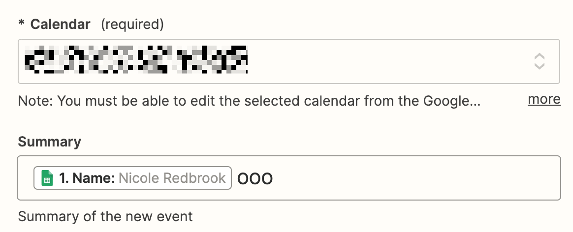 A GIF illustrating how to add text and map fields from Google Sheets in Zapier. Fields from your spreadsheet appear in a dropdown menu so that you can choose which ones to feature as you set up your calendar event.