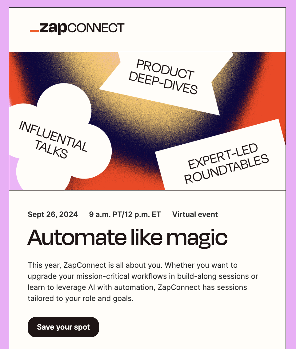 Screenshot of a Zapier email that says "automate " with buttons to register