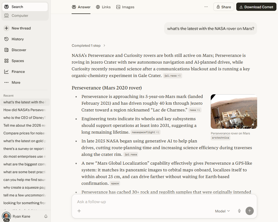 Perplexity의 실시간 검색 결과 및 인용구 표시 화면