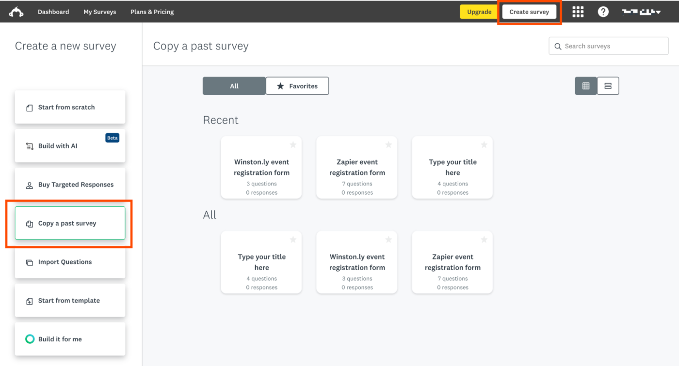 Create a new survey window in SurveyMonkey with the option to copy a past survey highlighted. 