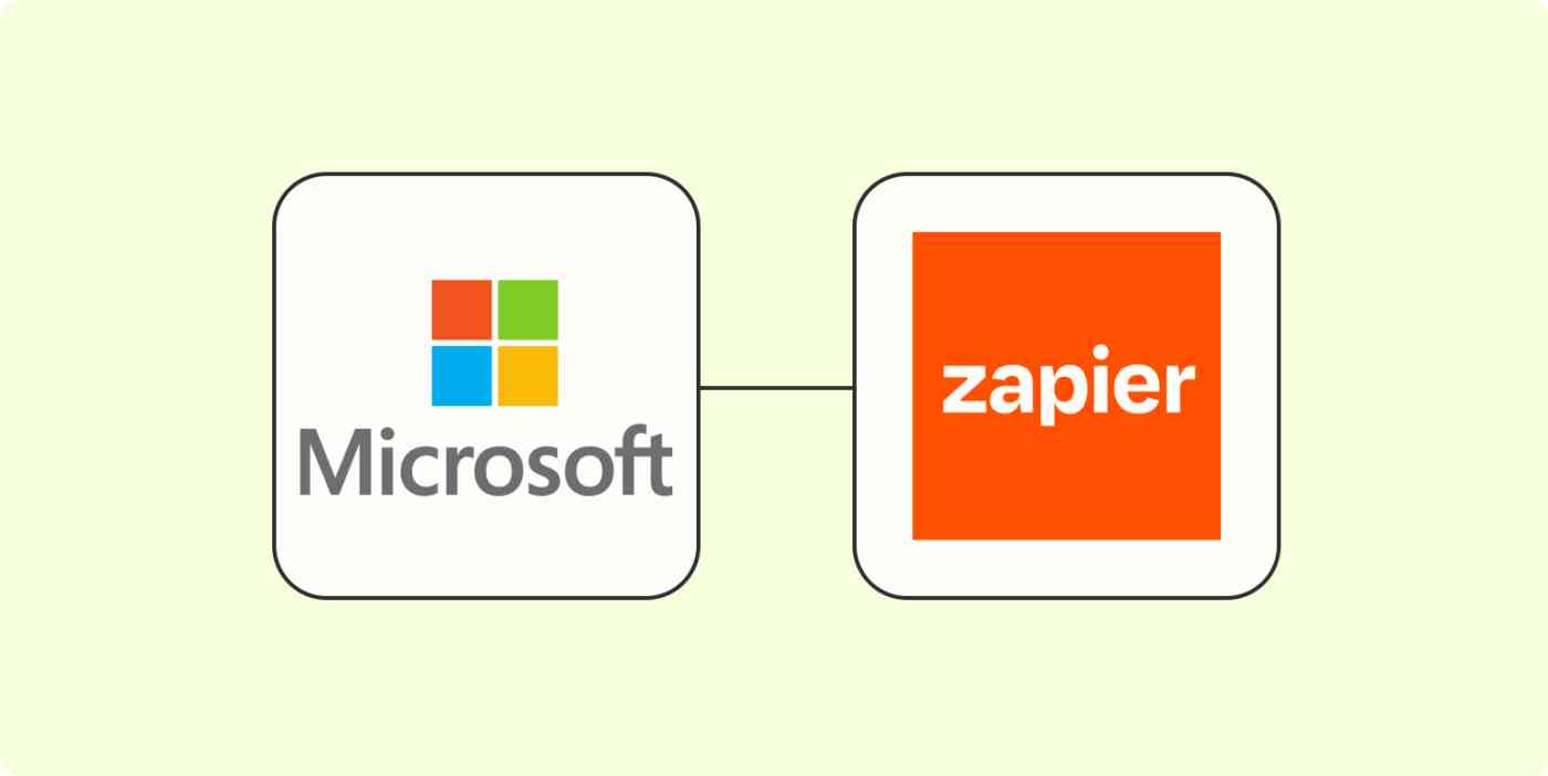 A hero image of the Microsoft app logo connected to the Zapier logo on a light yellow background.