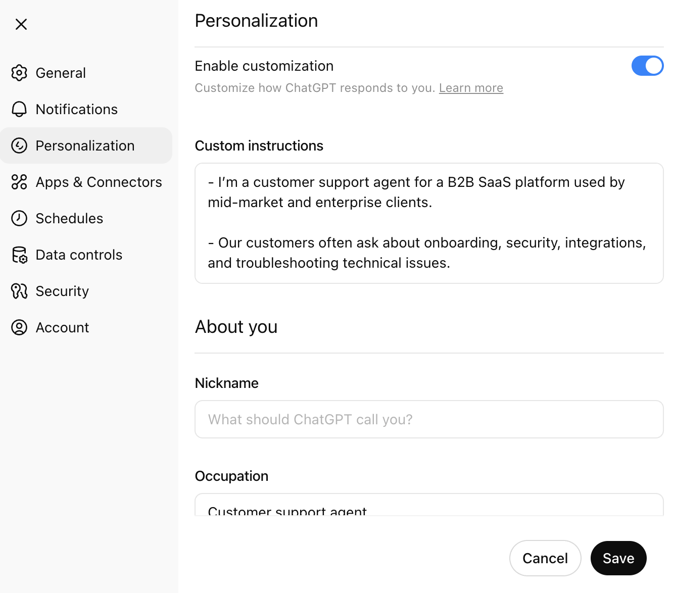 ChatGPT custom instructions window.