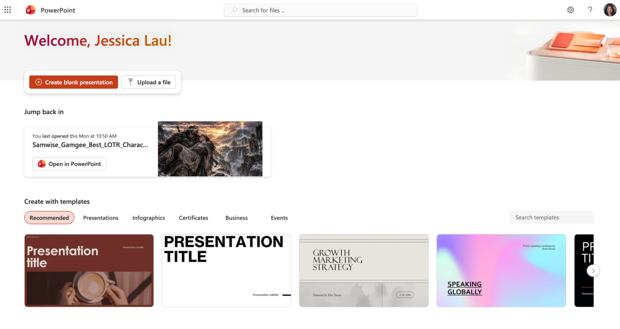 PowerPoint for the web homepage with options to create a blank presentation or to create one from a template. 