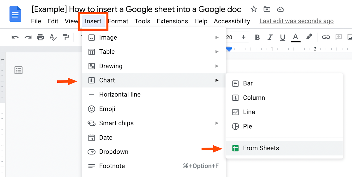 A Google Doc with the "Insert" tab selected and a dropdown menu of options. An arrow points to the option "Chart." From the "Chart" option, another dropdown menu is visible and an arrow points to the option "From Sheets."