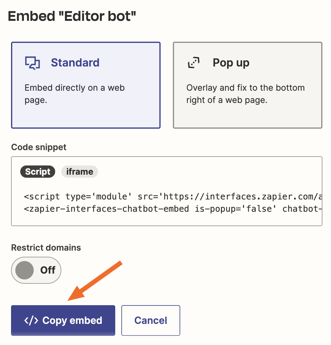 Screenshot of copy embed button