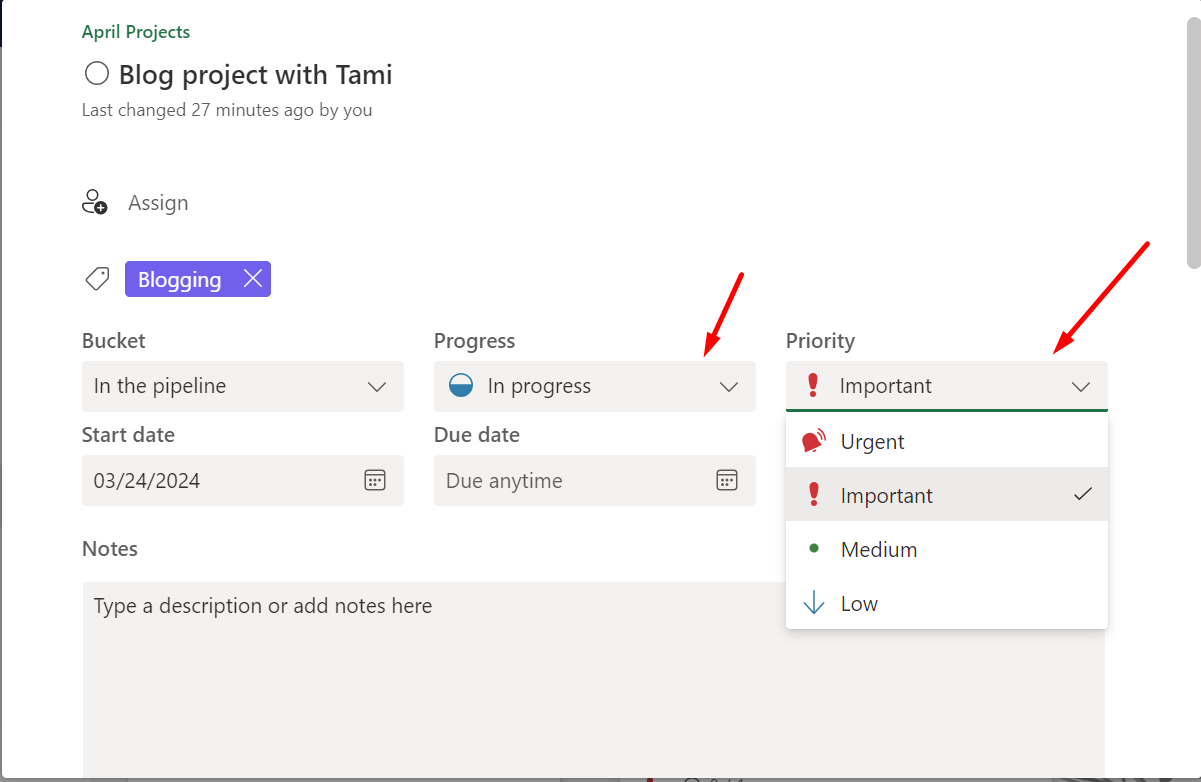 The Progress and Priority options in Microsoft Planner