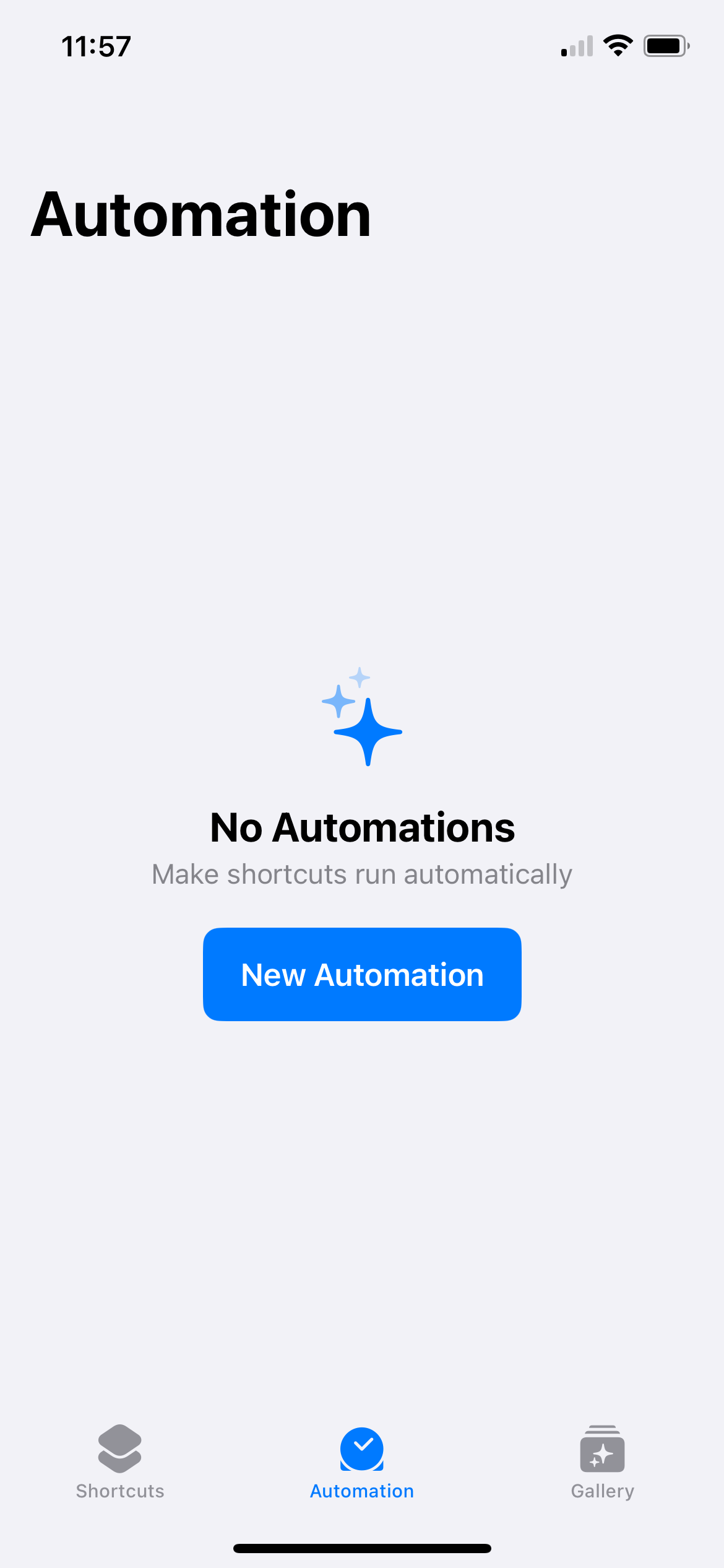 Screenshot of the automation tab in the Shortcuts app.