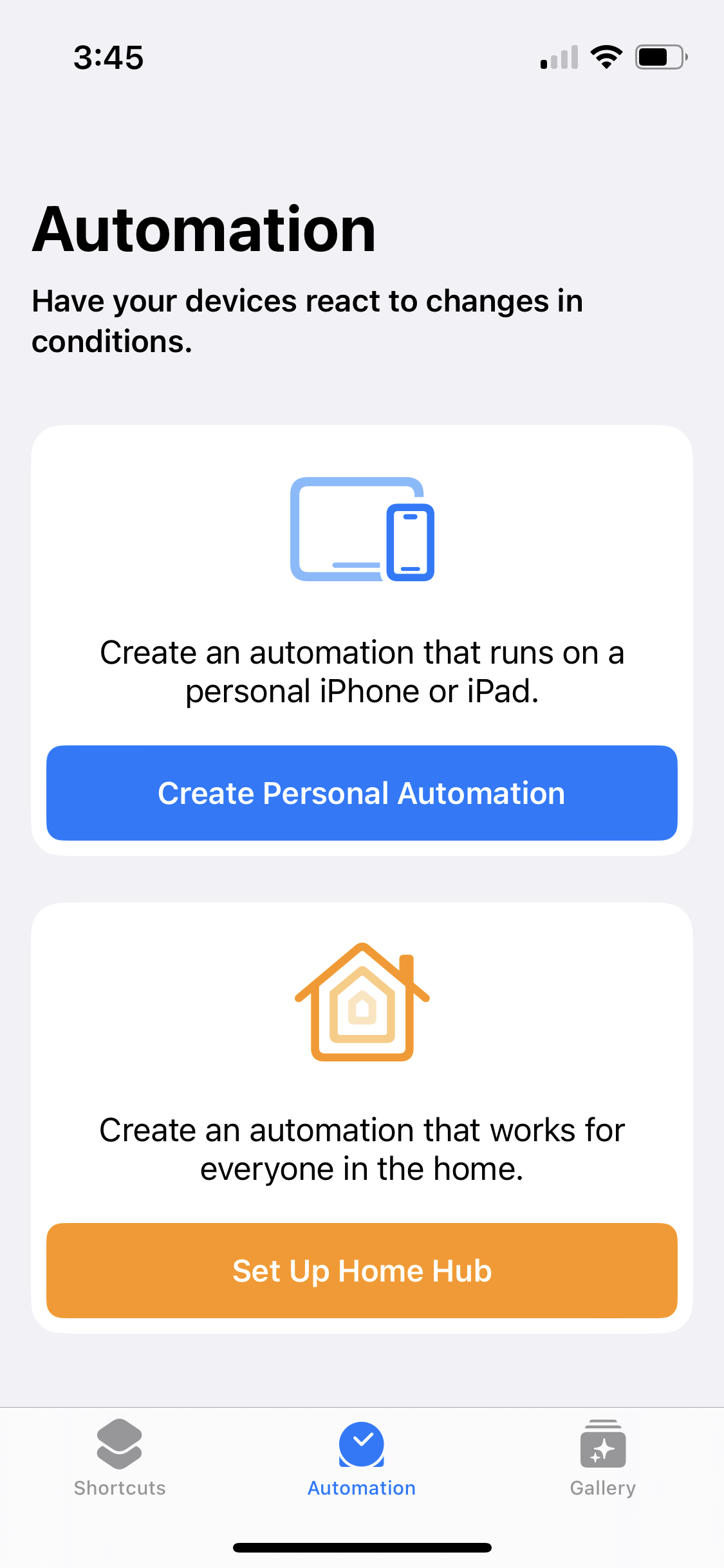Screenshot of the automation tab in the Shortcuts app.