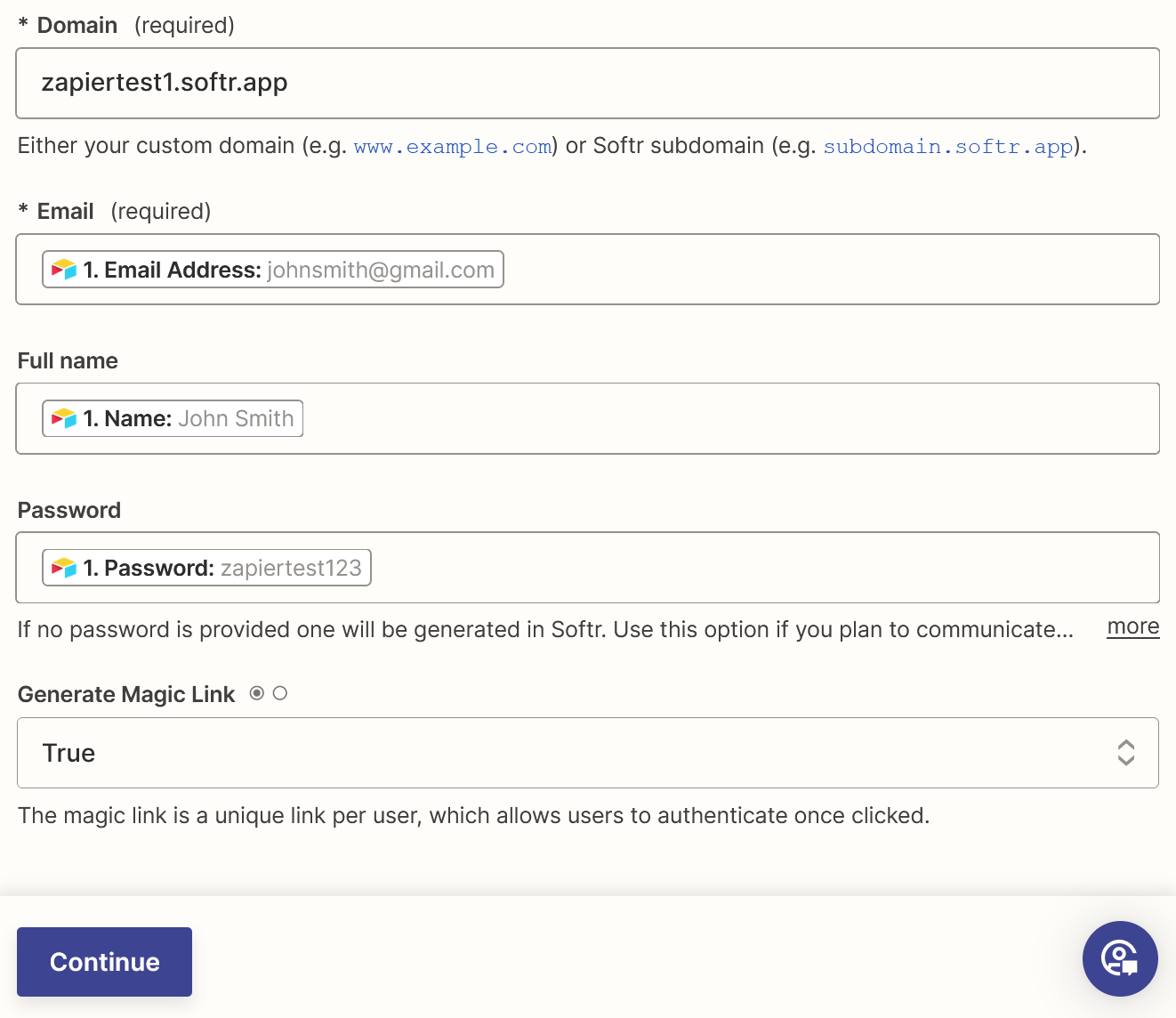 Fields in the Zap editor to create a Softr user, including domain, email, full name, and password.