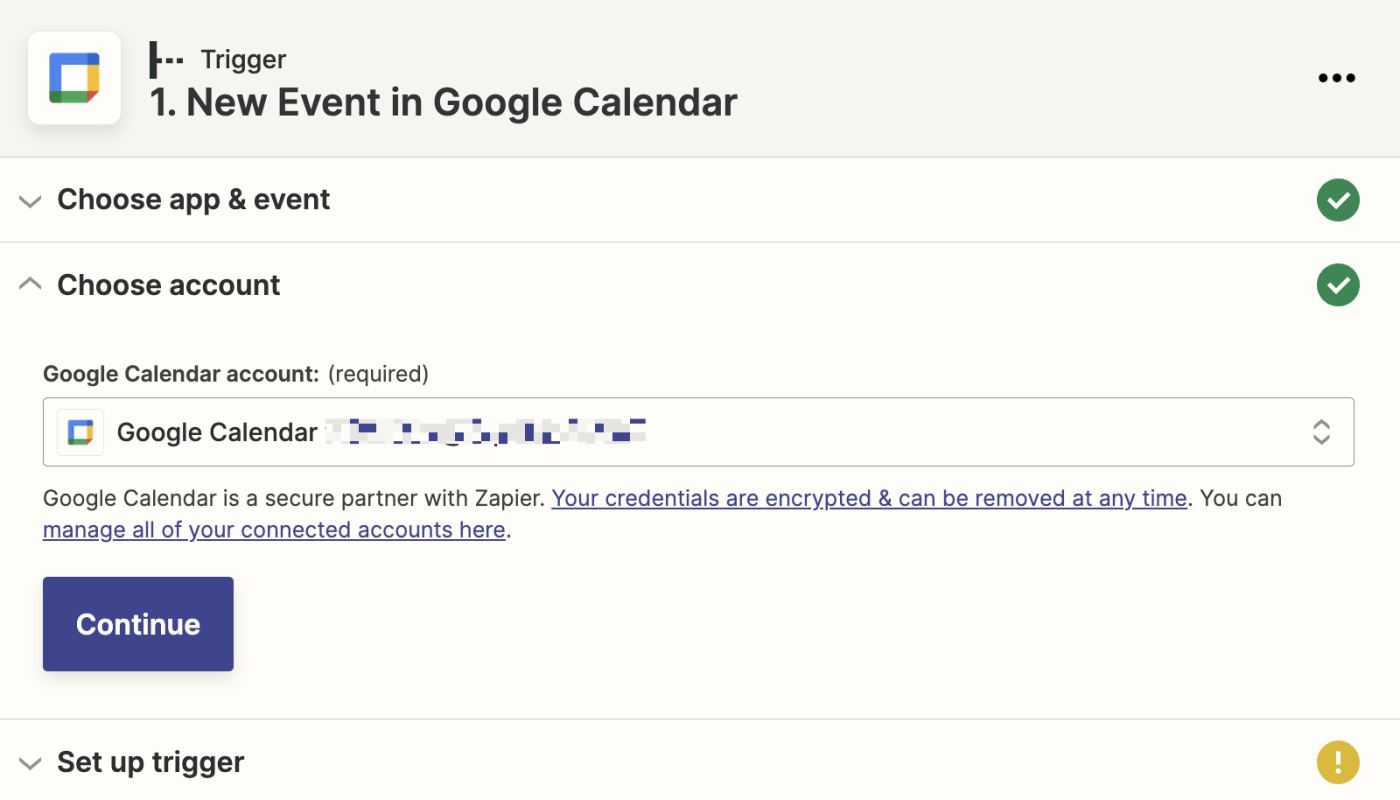 A Google Calendar account selected under Google Calendar account.
