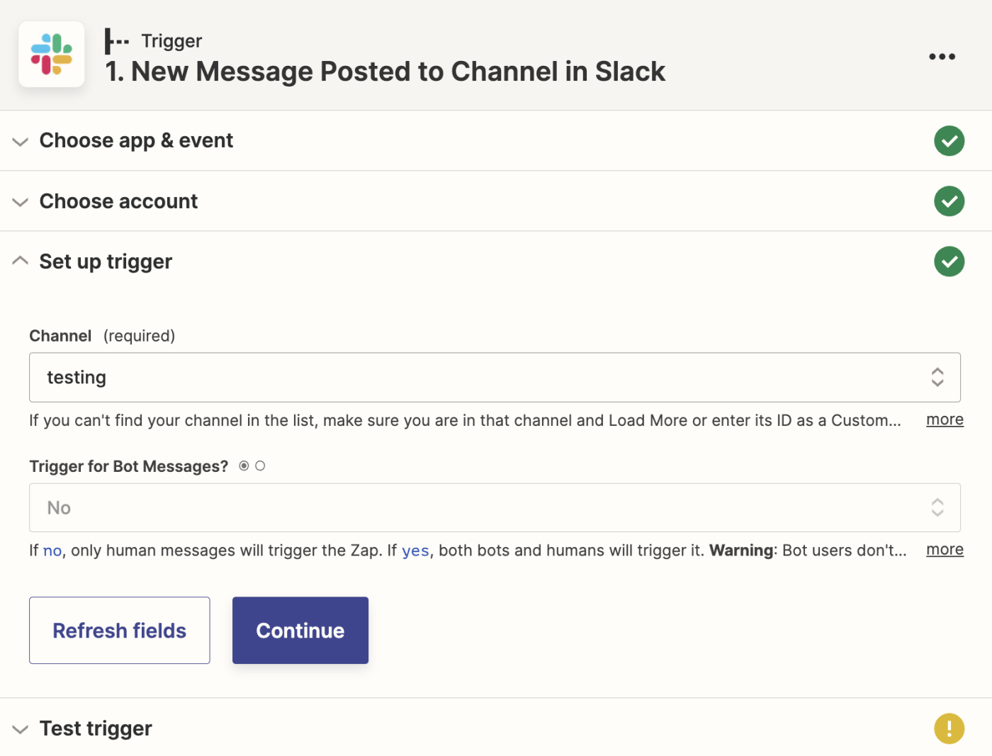 A screenshot of setting up a Slack trigger event in the Zapier editor.