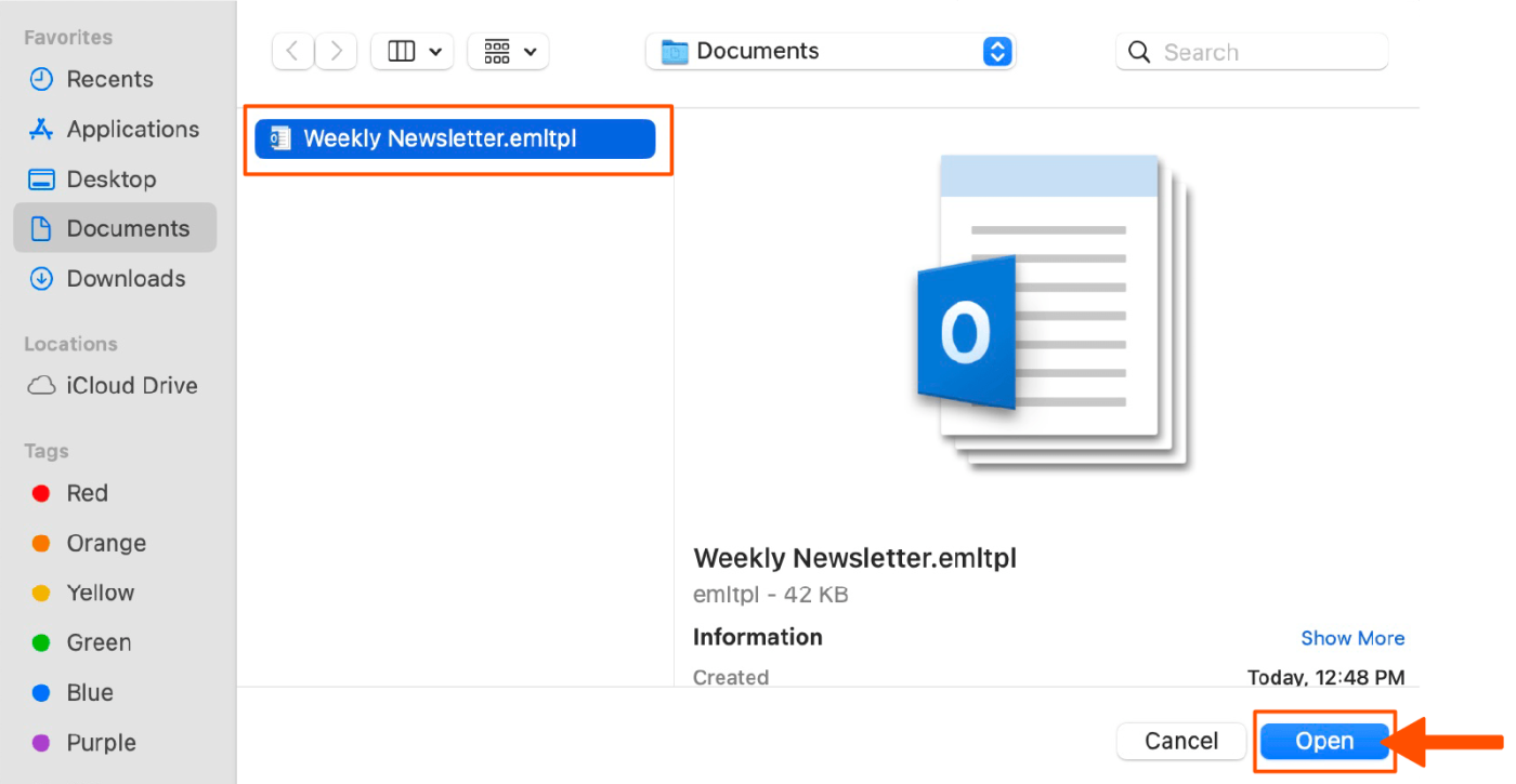Screenshot showing how to find an open a template in Outlook from your files.