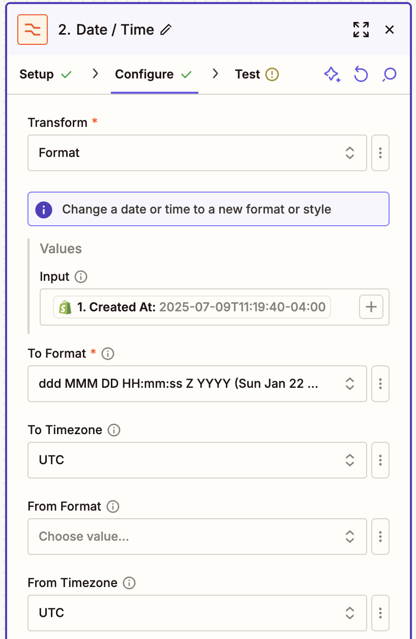 A screenshot of a window in the Zap editor with the Transform field set to Format and a Shopify transaction selected in the Input field. 