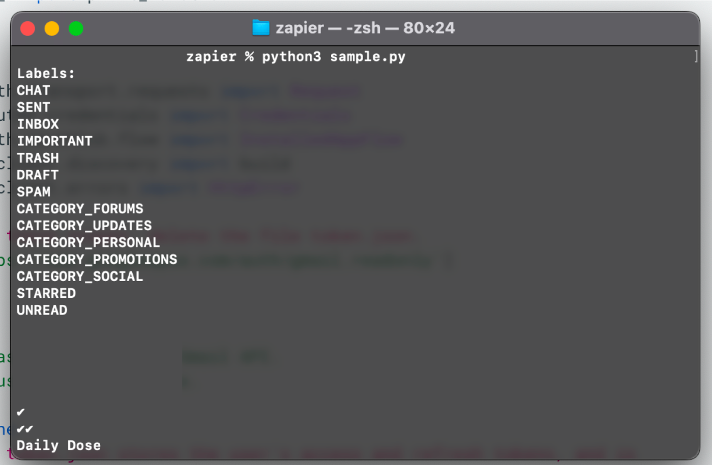 Screenshot of the Gmail data that pulls through when you run the sample Gmail API code.