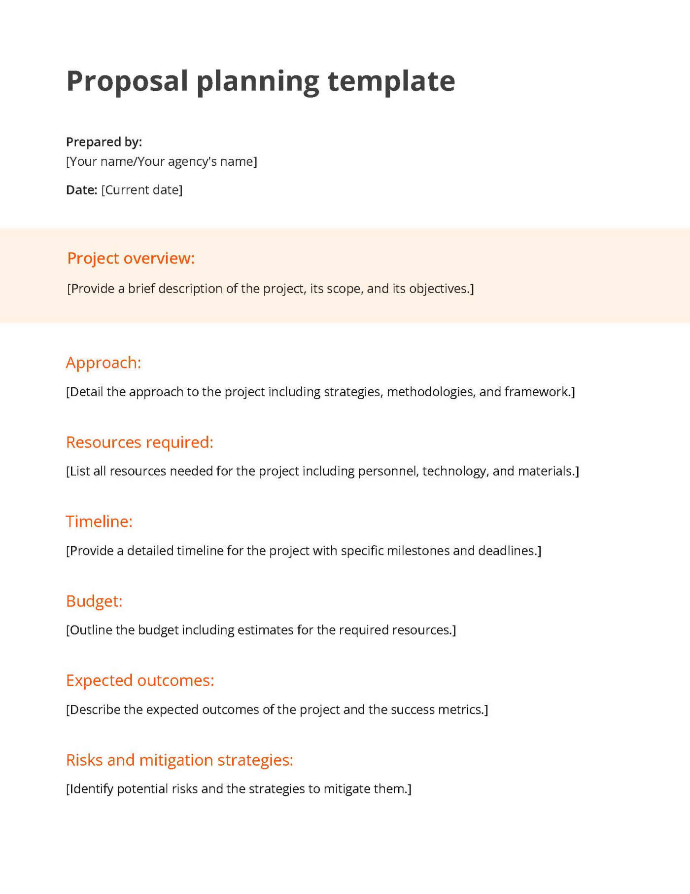 White and orange proposal planning template including a section for the project overview, approach, resources required and more