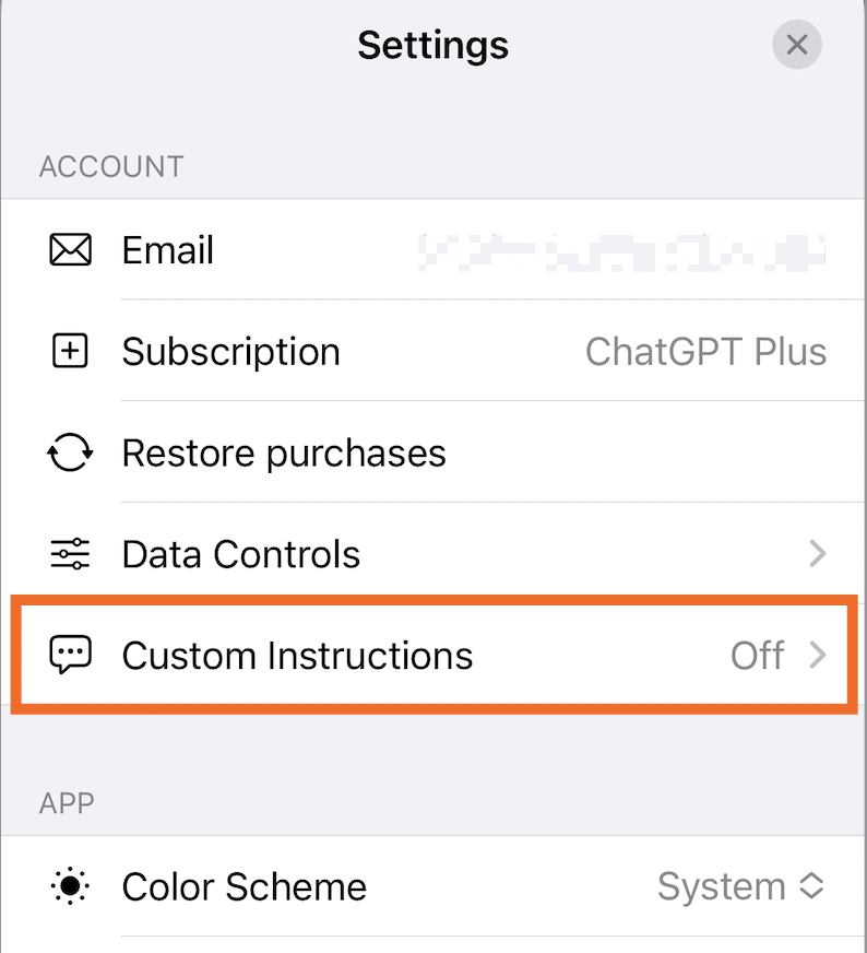 Custom instructions in ChatGPT's mobile app settings. 