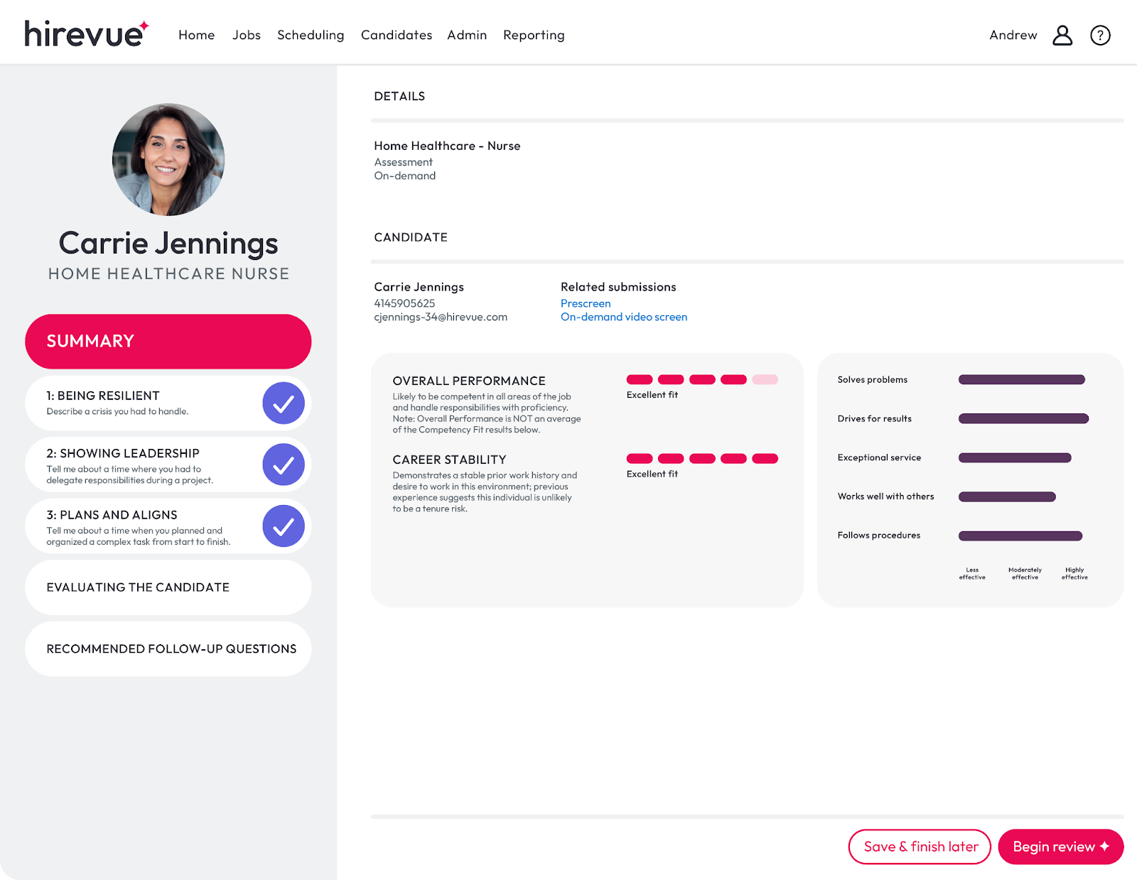 HireVue evaluation page for Carrie Jennings, a candidate for the Home Healthcare Nurse position.