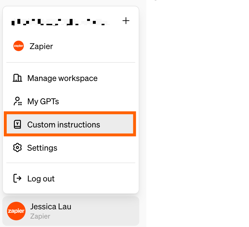 Expanded view of the profile dropdown in ChatGPT with custom instructions highlighted.