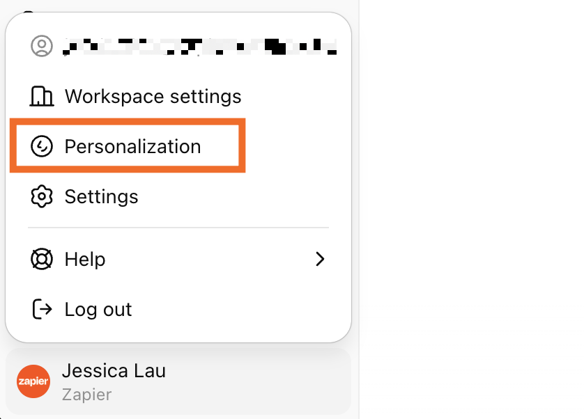 Expanded view of the profile dropdown in ChatGPT. 