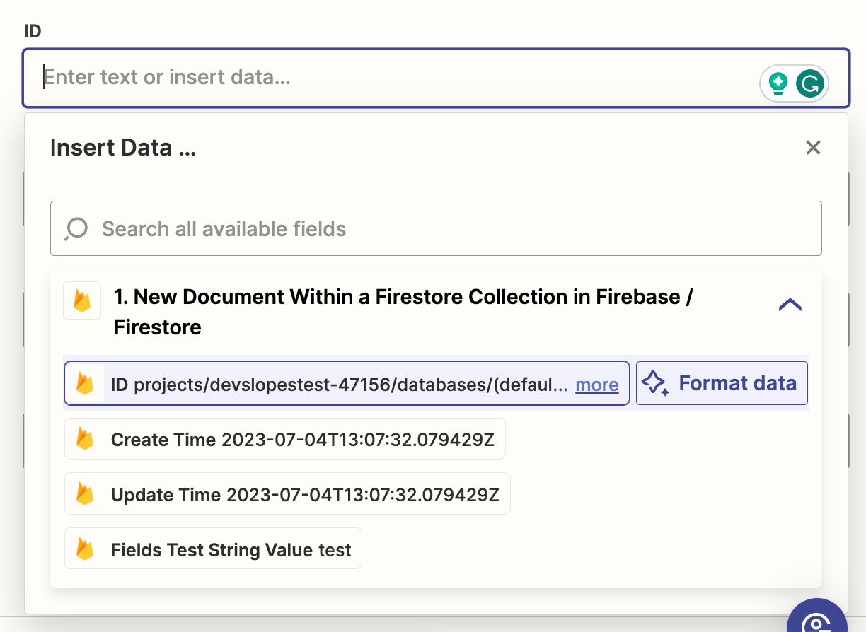 A screenshot of Firebase data in the Insert Data... dropdown in the Zapier editor.