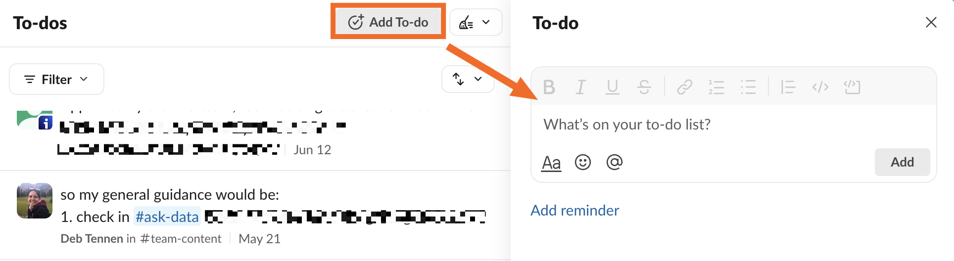 Expanded view of the Slack to-do panel with an option to add a new to-do item.