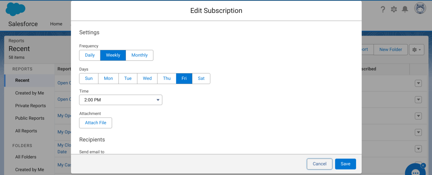 Screenshot showing how to schedule a report in Salesforce