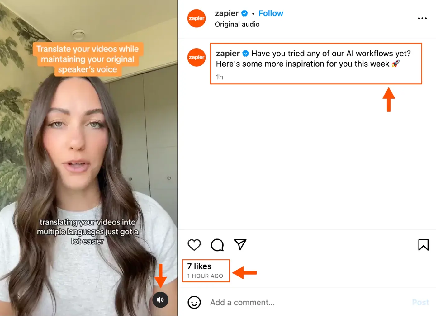 Screenshot of a Zapier Instagram post of a women explaining how to translate your videos while maintaining your original speaker's voice with arrows pointing to the number of likes, the volume icon and the caption