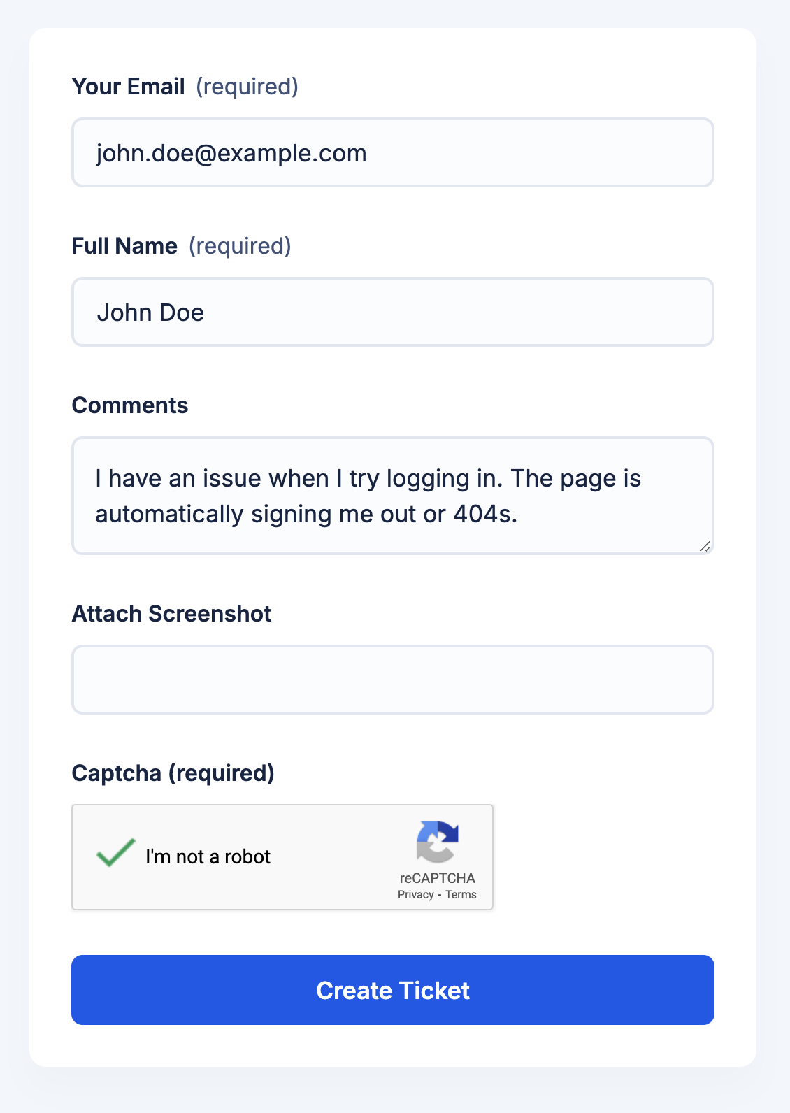 Screenshot of form with test data