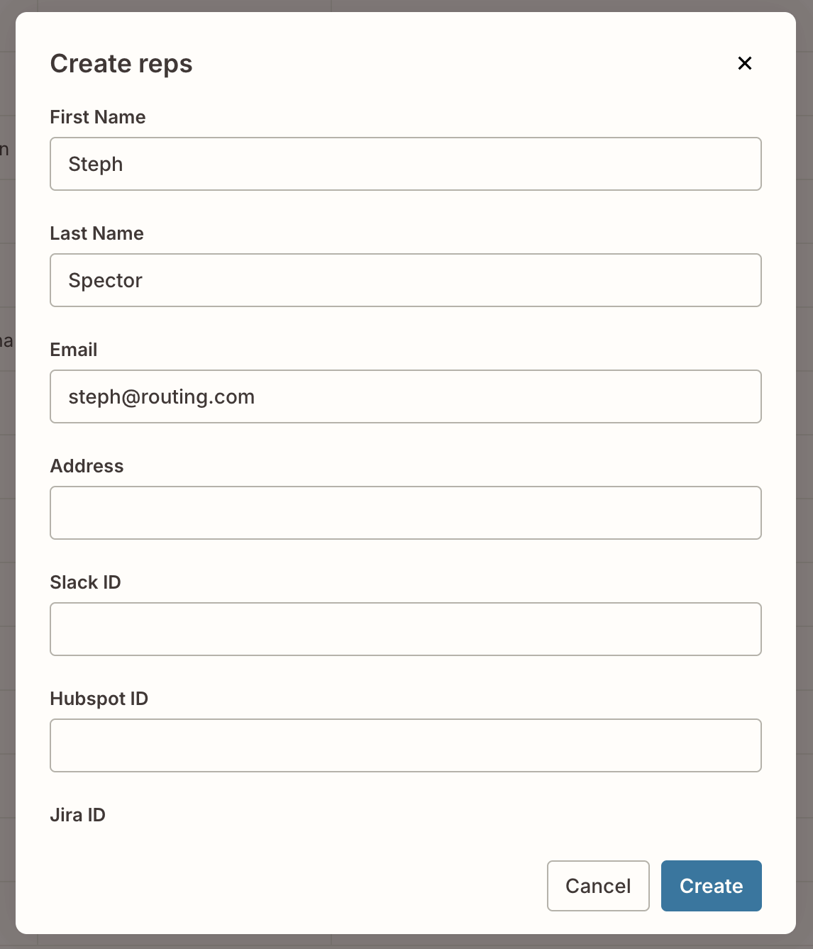 A pop-up window titled "Create reps" 