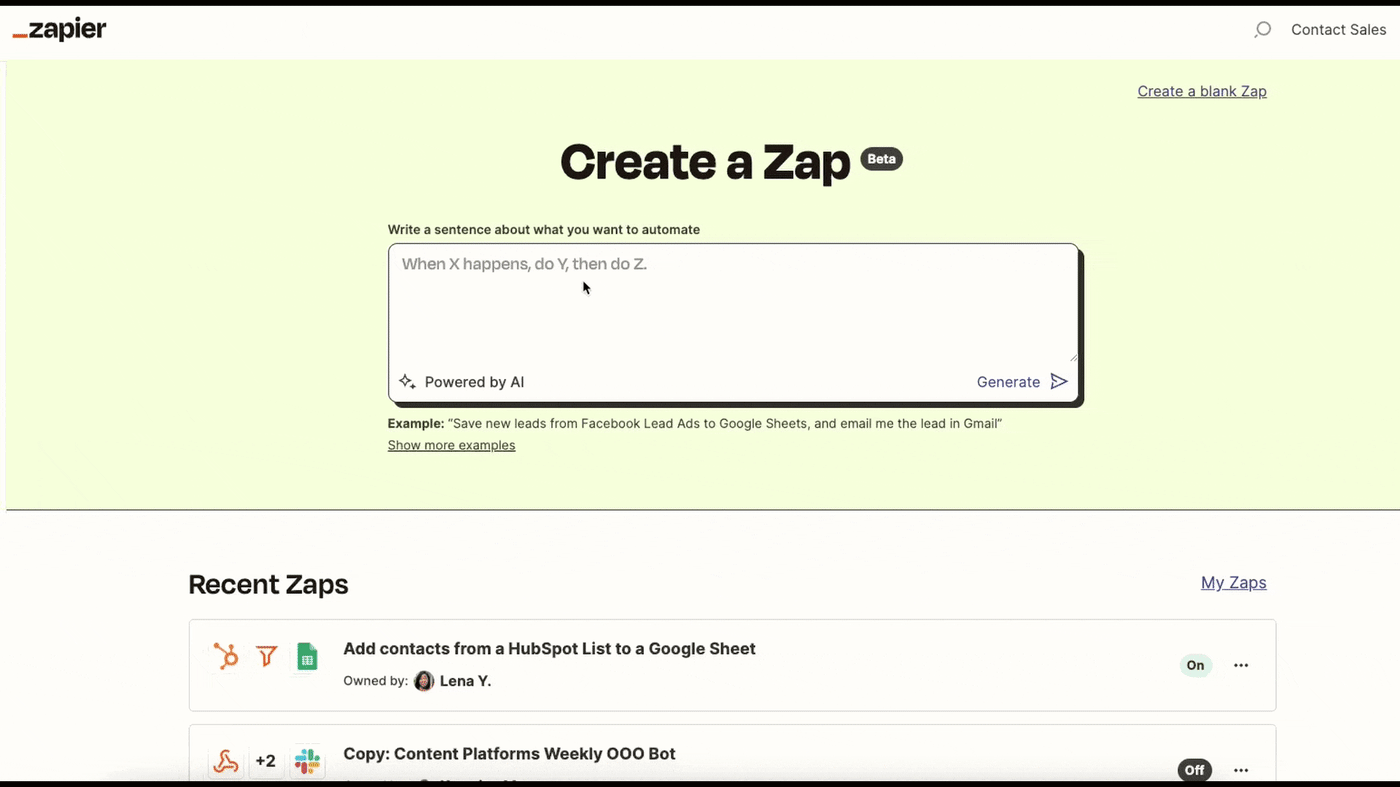 GIF of creating a Zap in plain English