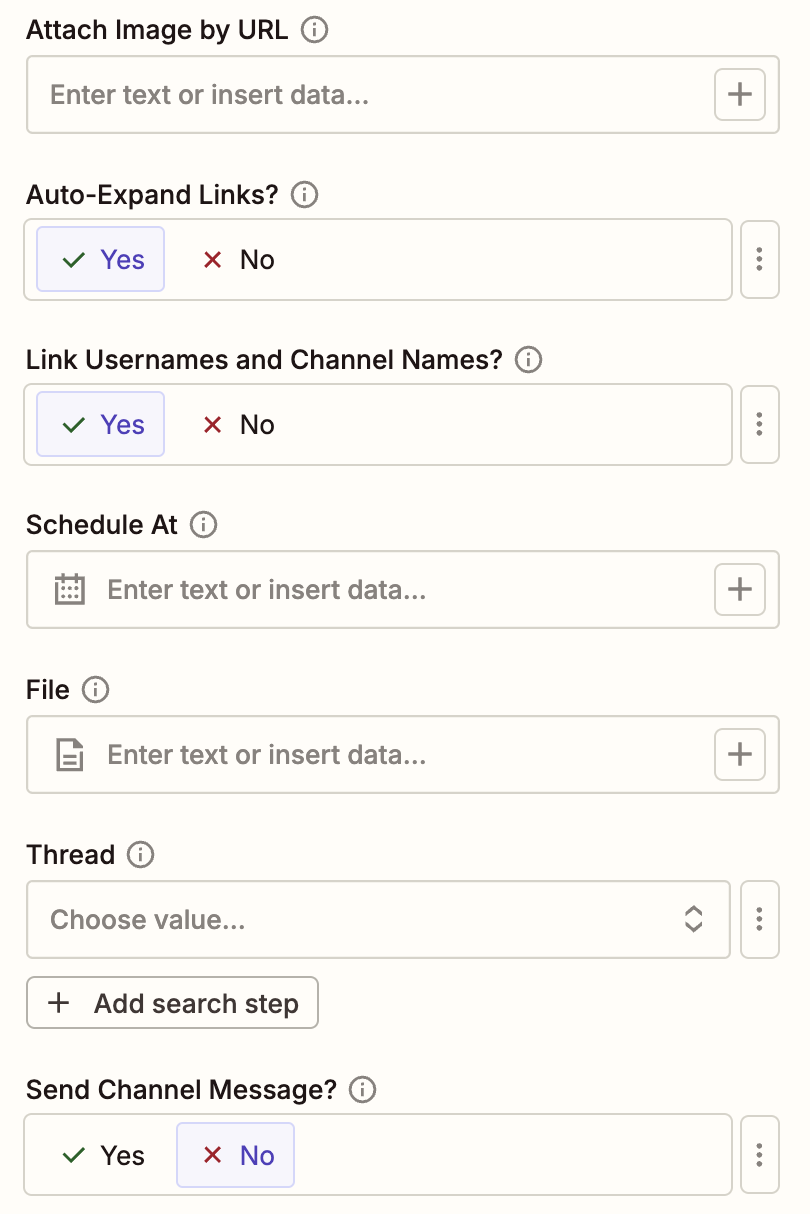 Various Slack fields in an action step in the Zap editor.