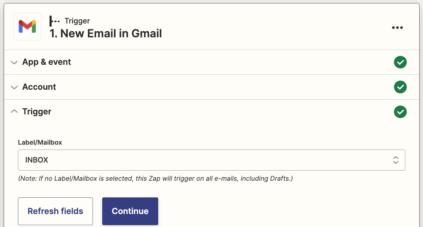 In the Label/Mailbox field, INBOX is shown selected.