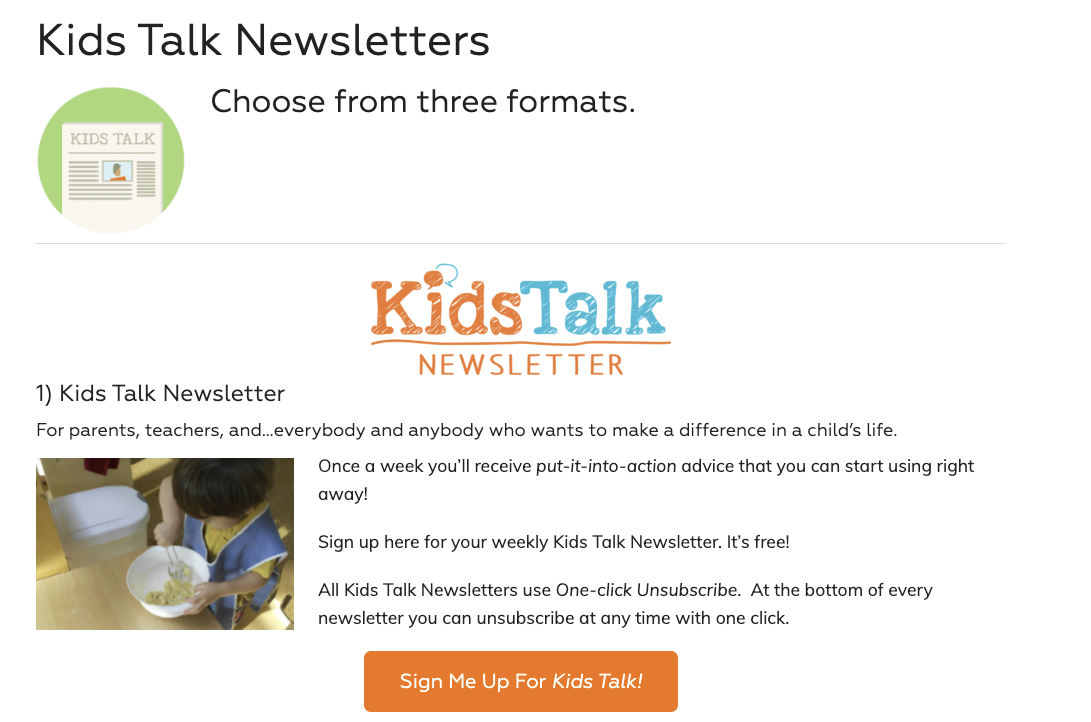 A CTA to subscribe to Kids Talk newsletters