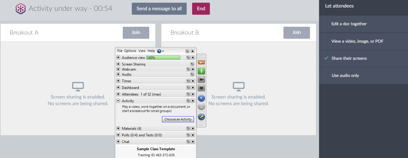 Interface de sessão de breakout GoToTraining