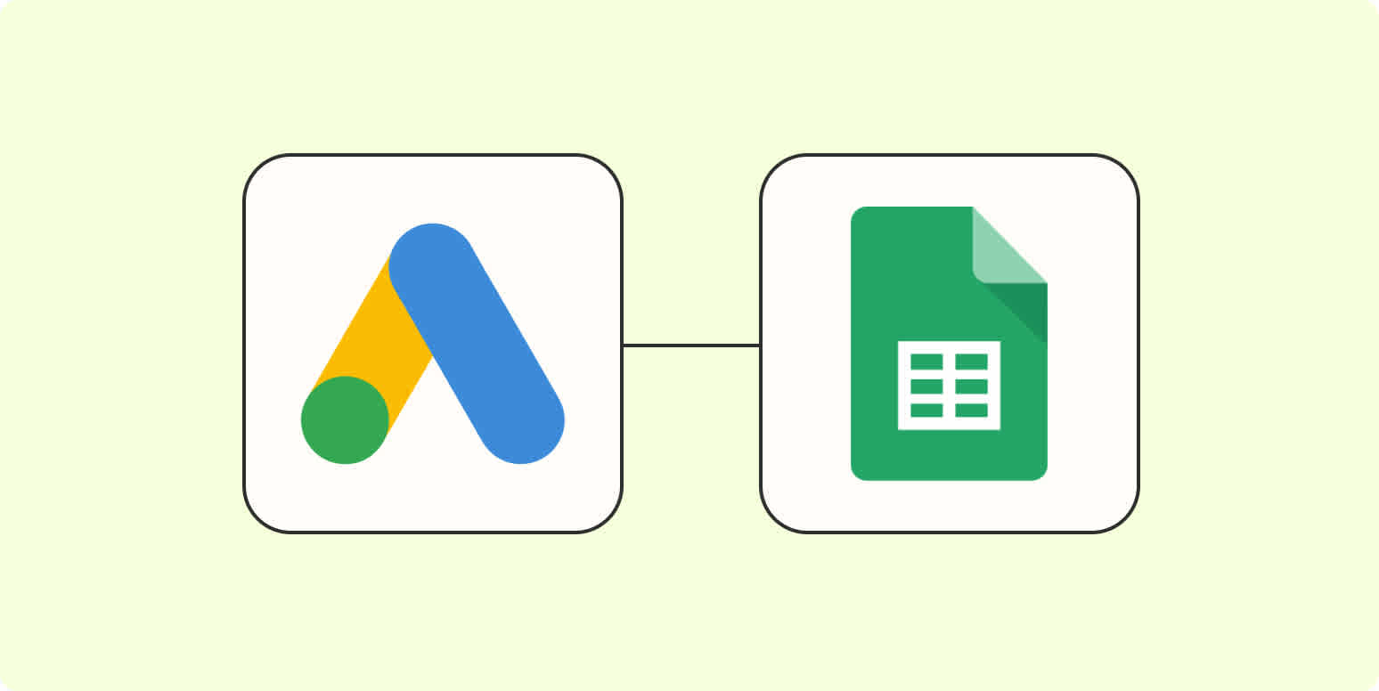 A hero image of the Google Ads app logo connected to the Google Sheets app logo on a light yellow background.