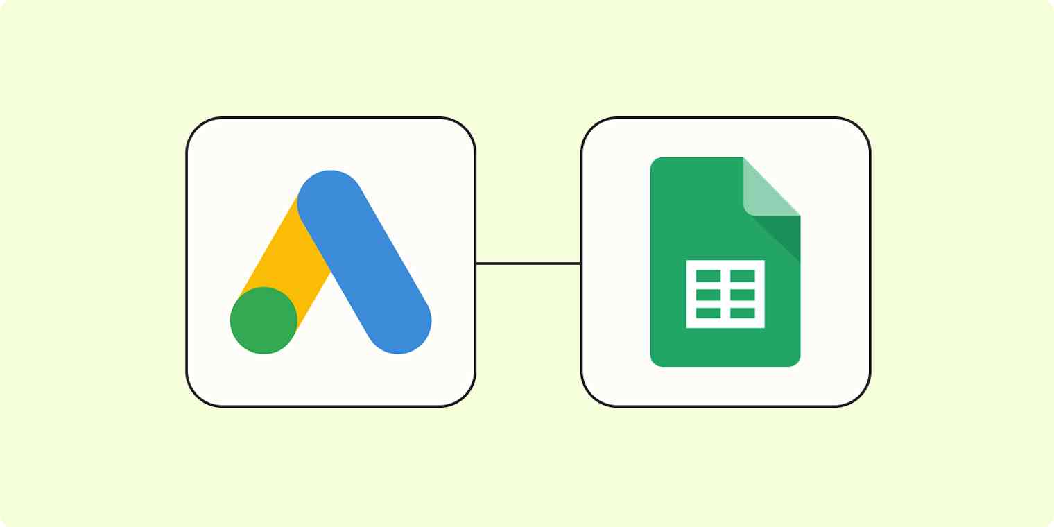A hero image of the Google Ads app logo connected to the Google Sheets app logo on a light yellow background.