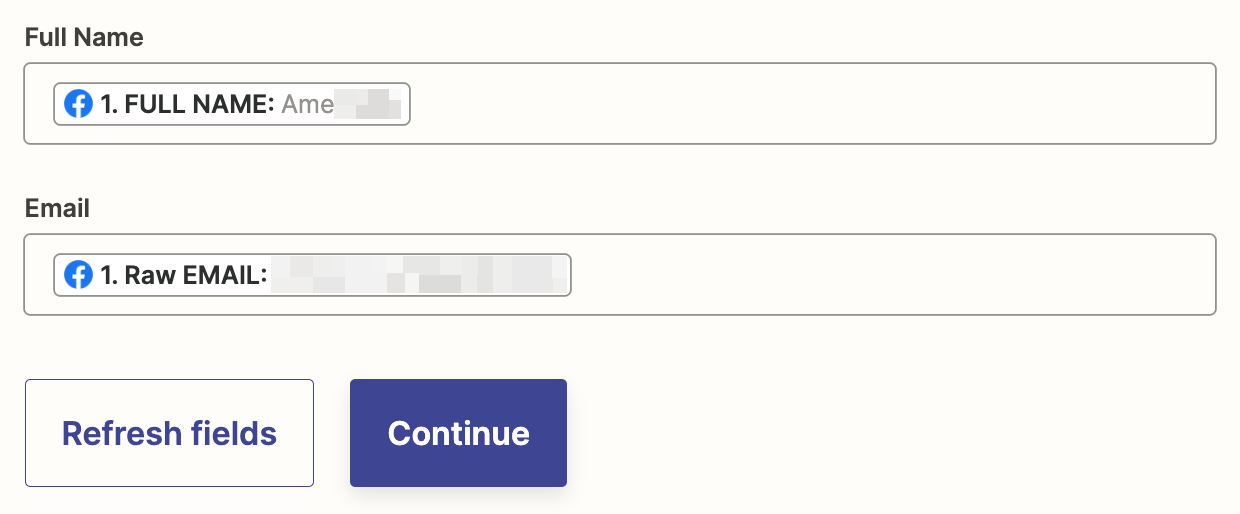 Fields for "Full Name" and "Email" are shown filled in with data from the previous Facebook Lead Ads step.