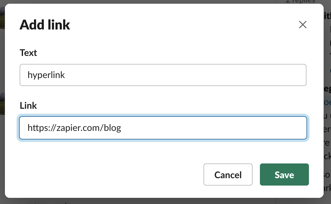 Hyperlink pop-up box in Slack