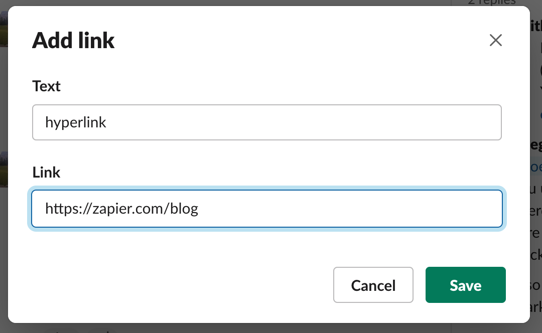 Hyperlink pop-up box in Slack