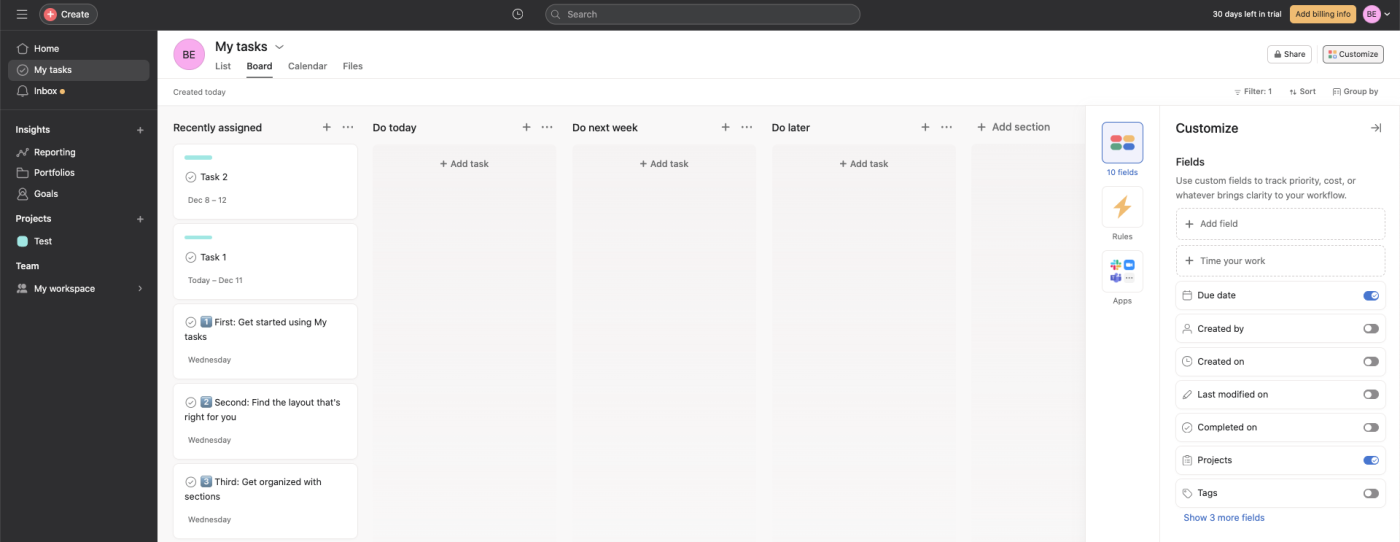 Screenshot of Asana's task dashboard showing places to add tasks for today, next week, or later